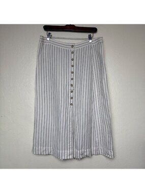 Madewell Linen Blend Blue & White Pinstripe Front Button Midi Skirt Sz 14